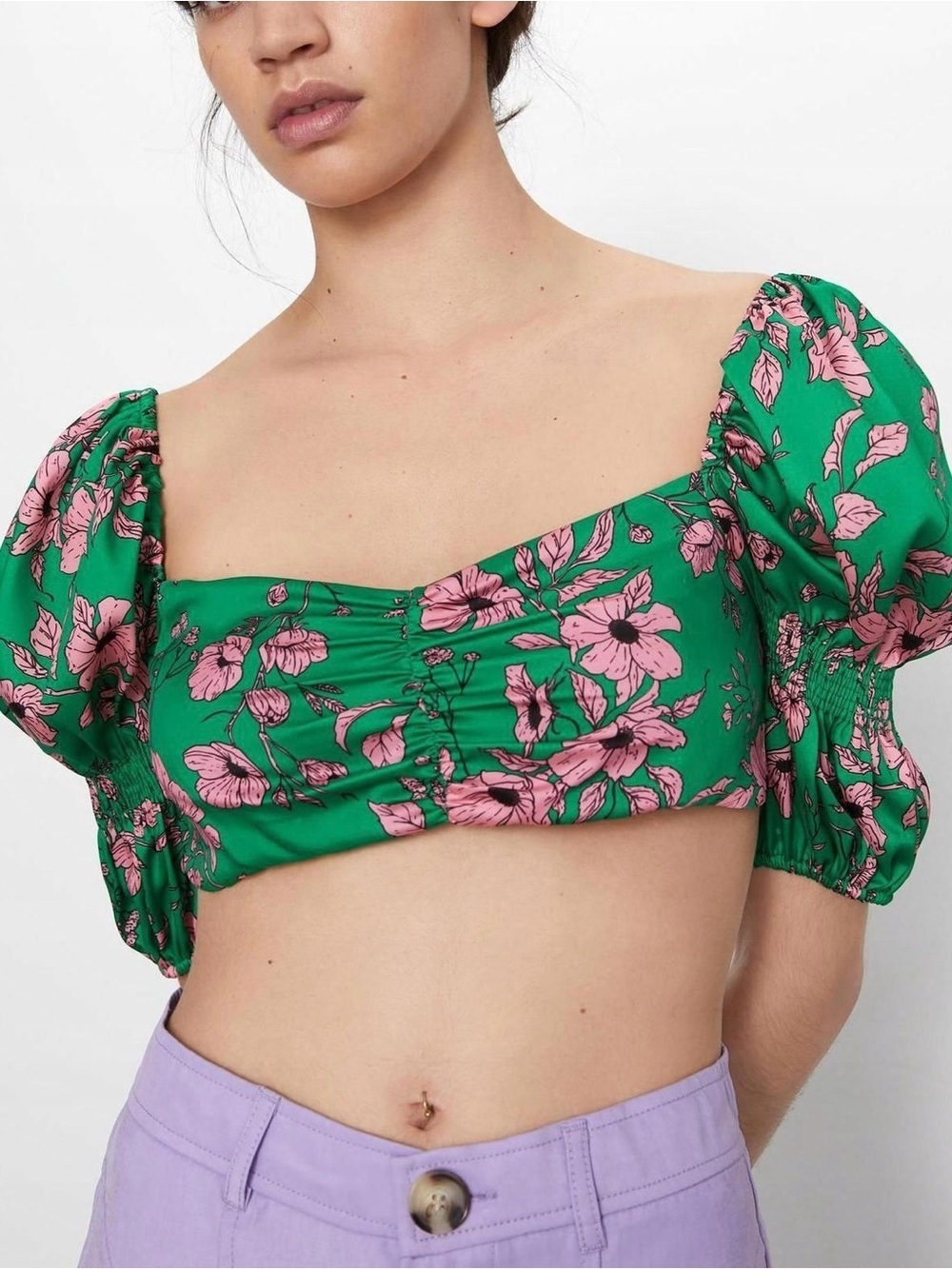 Zara| Feminine Green & Pink Floral Satin Puff Sleeve Ruched Crop Top Blouse Sz M